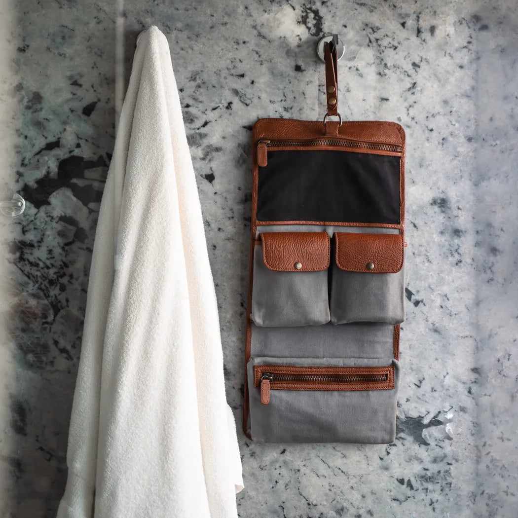 Waxed canvas hanging toiletry top bag